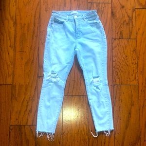 On trend Loft size 2, curvy high waist skinny ankle distressed jeans!